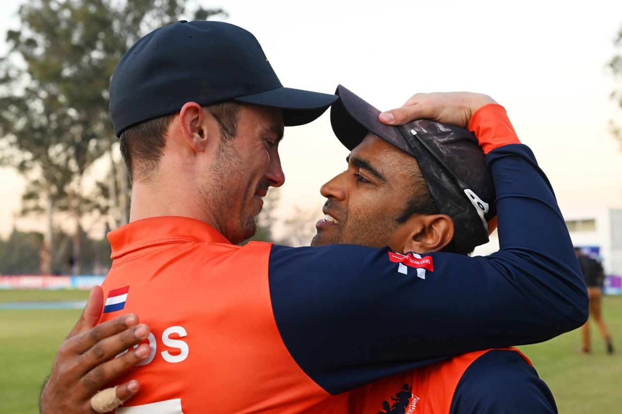 Scott Edwards and Teja Nidamanuru celebrate a special win, Netherlands vs West Indies, ICC World Cup Qualifier, Harare, June 26, 2023