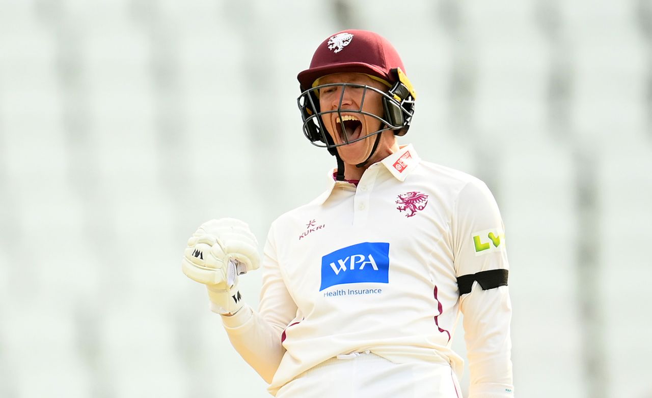 George Bartlett roars in celebration as he brings up his hundred, Somerset vs Nottinghamshire, County Championship, Division One, Taunton, June 26, 2023