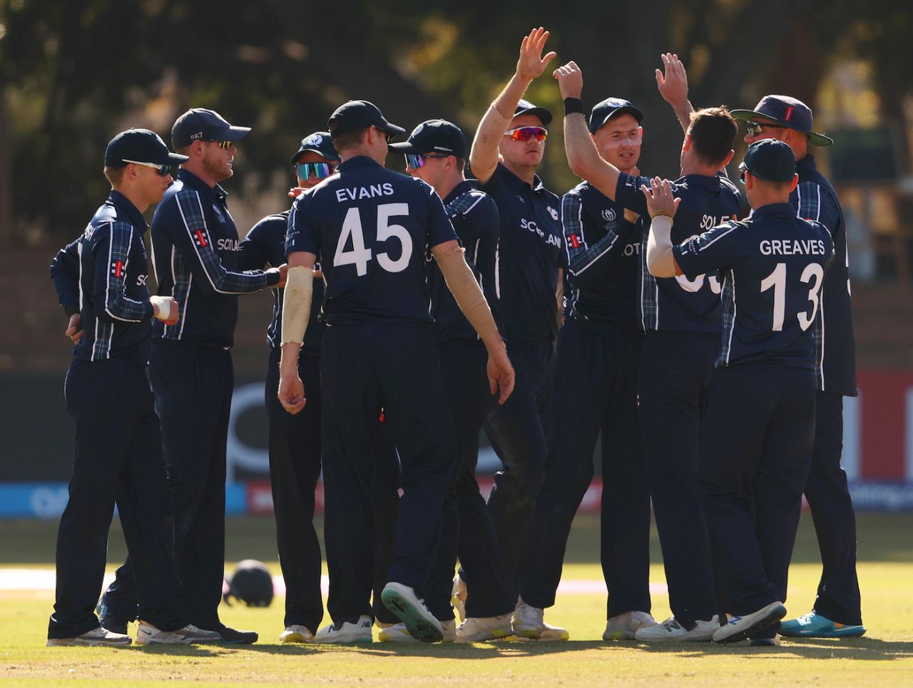 Chris Sole celebrates with his team-mates after dismissing Kusal Mendis, Scotland vs Sri Lanka, ICC ODI World Cup qualifier, Bulawayo, June 27, 2023