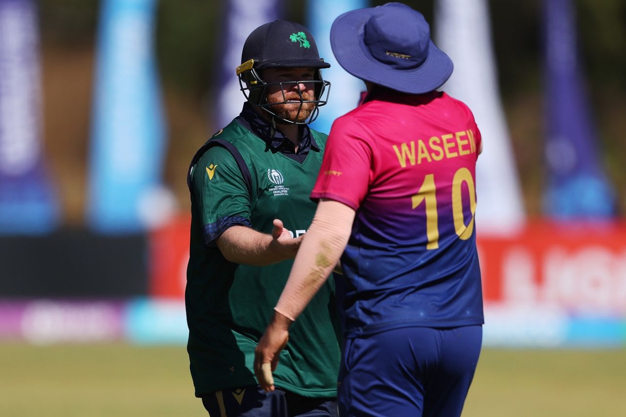 Paul Stirling is congratulated by Muhammad Waseem after his 134-ball 162, Ireland vs UAE, ICC World Cup Qualifier, Bulawayo, June 27, 2023