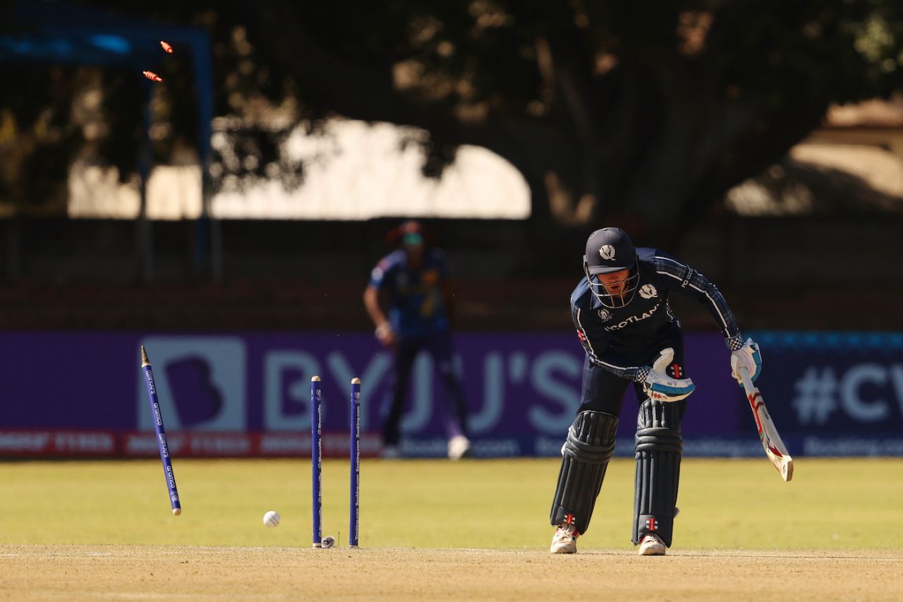 Matthew Cross loses his stumps to Lahiru Kumara, Scotland vs Sri Lanka, ICC World Cup qualifier, Bulawayo, June 27, 2023