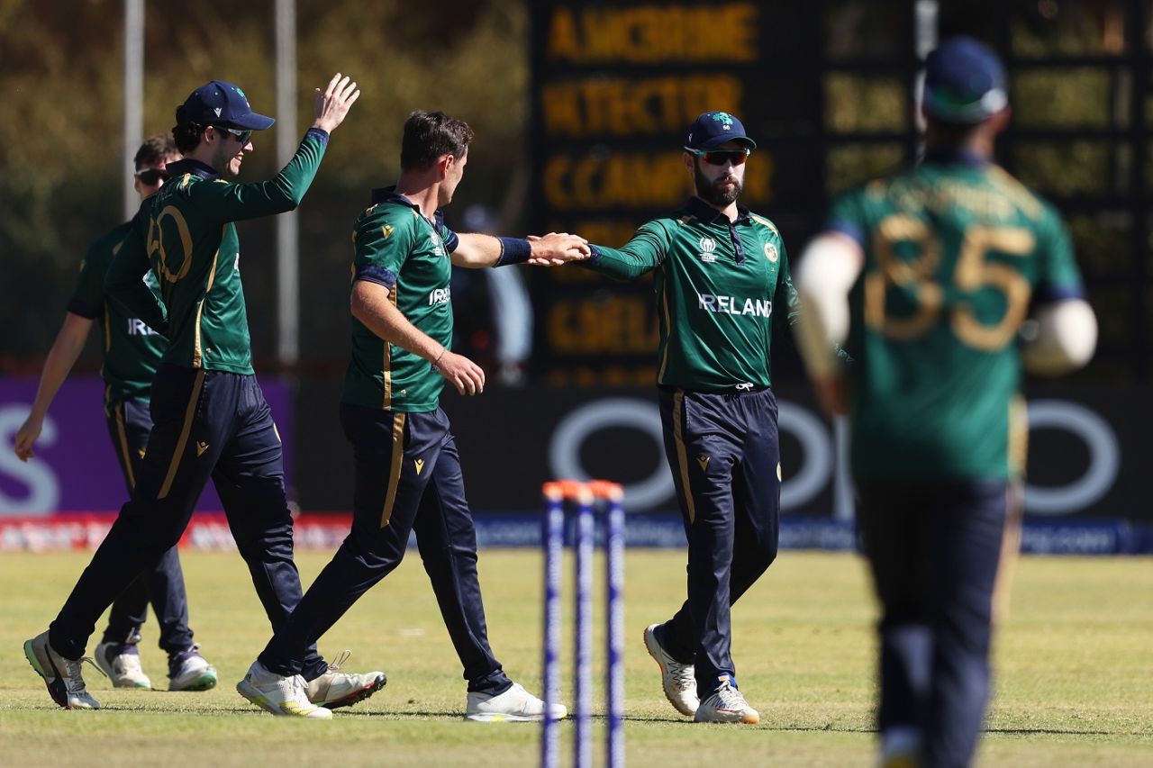 Ireland celebrate Muhammad Waseem's run out, Ireland vs UAE, ICC World Cup Qualifier, Bulawayo, June 27, 2023