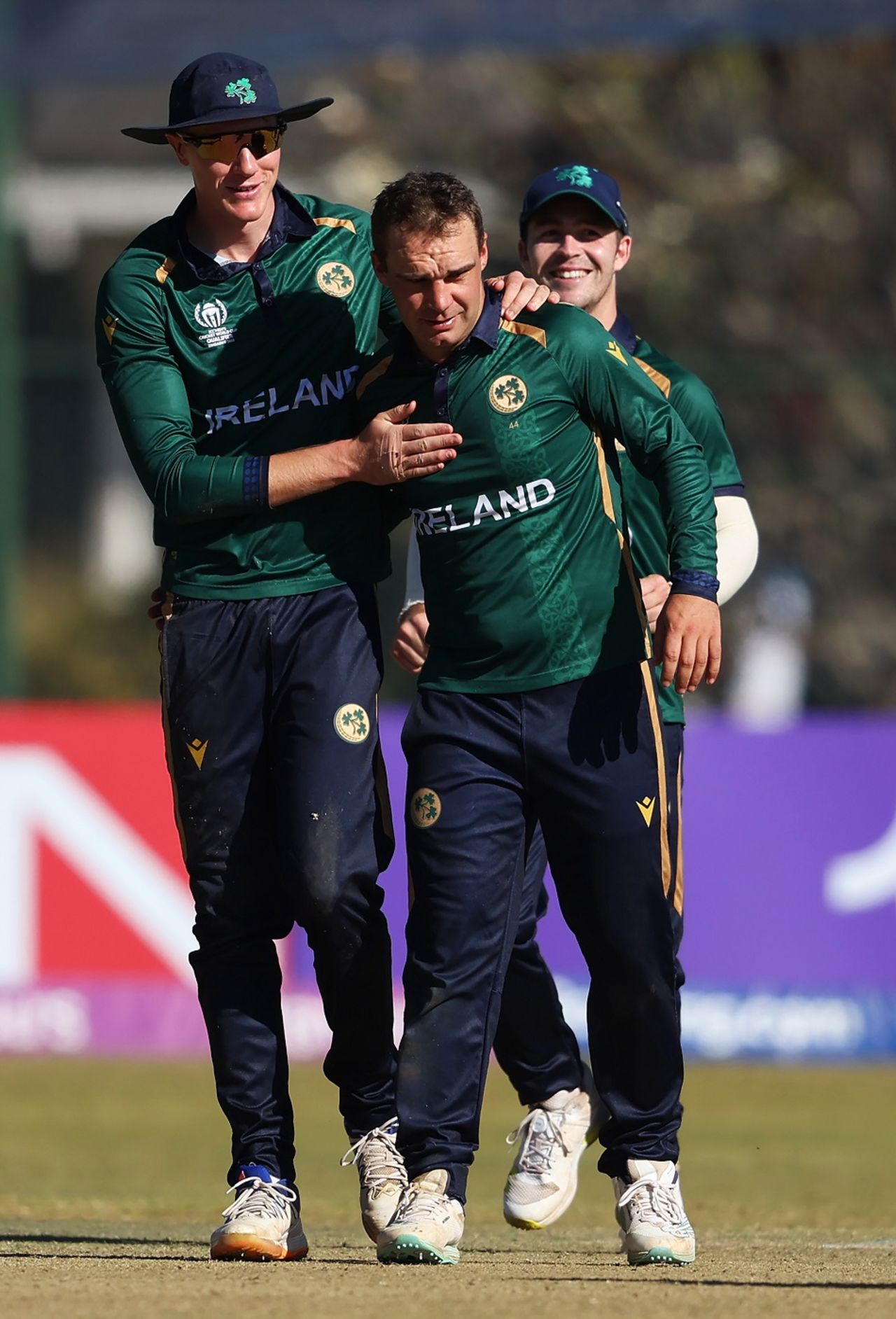 Andy McBrine is congratulated by his team-mates, Ireland vs UAE, ICC World Cup Qualifier, Bulawayo, June 27, 2023