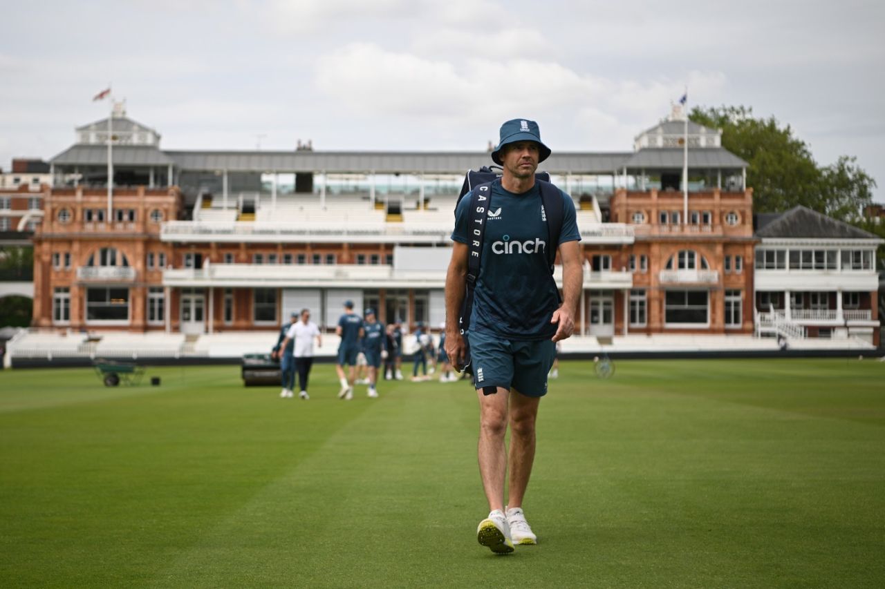 James Anderson walks out for practice ahead of his record 28th Test at Lord's, Lord's, June 27, 2023