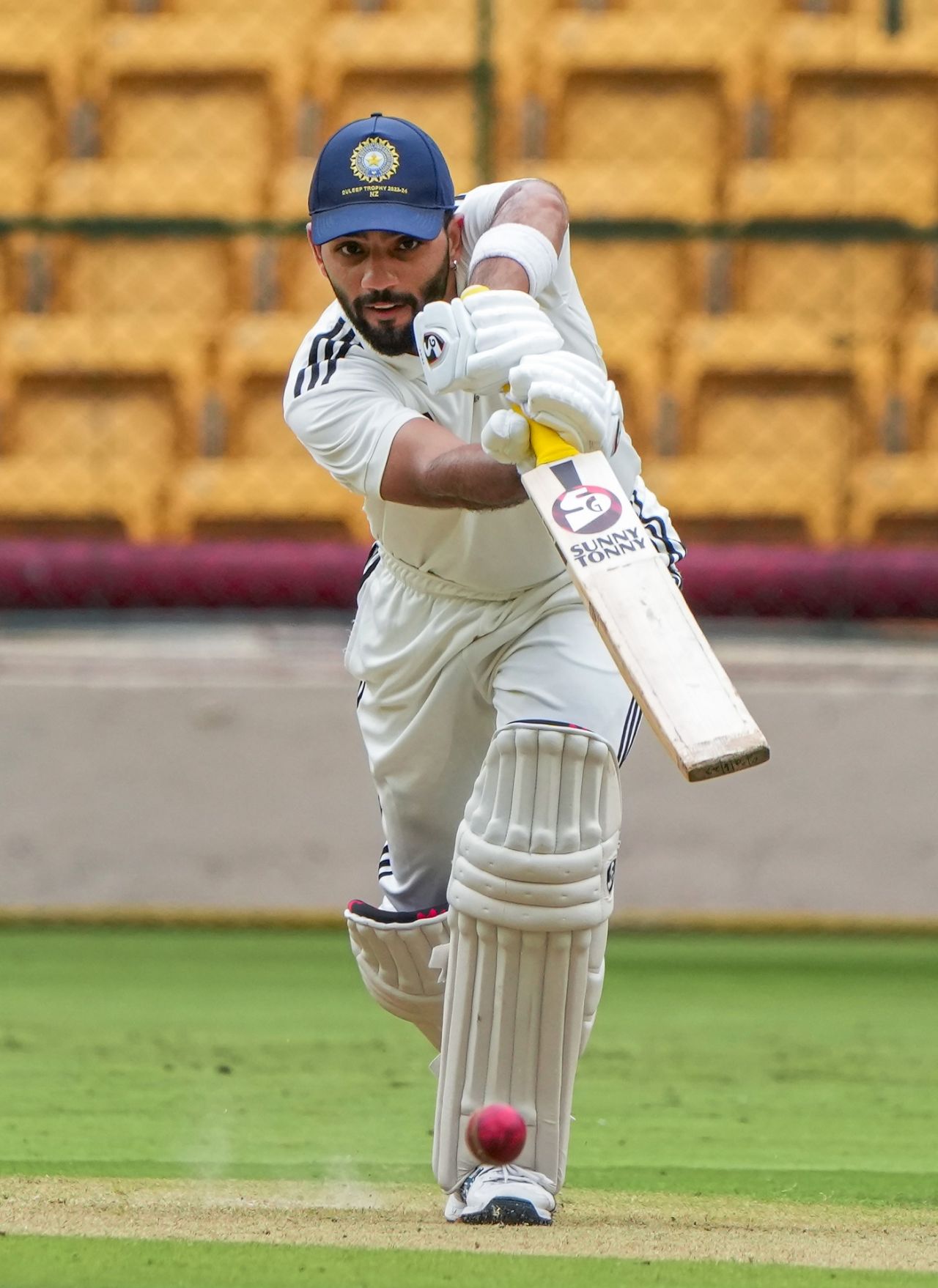 Dhruv Shorey drives one back down the ground, North Zone vs North East Zone, Duleep Trophy, 1st day, Bengaluru, June 28, 2023