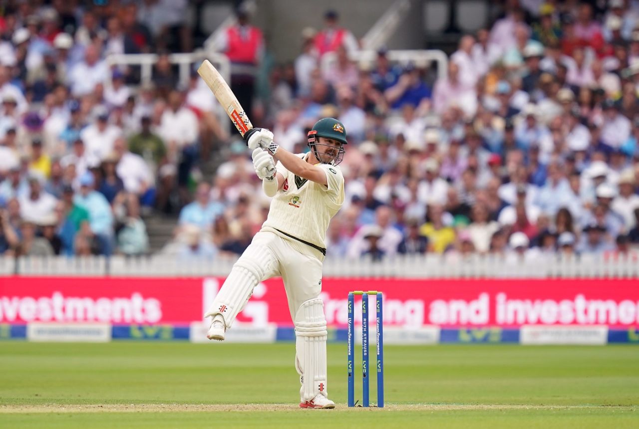 Travis Head hits through the off side, England vs Australia, 2nd Ashes Test, Lord's, 1st day, June 28, 2023