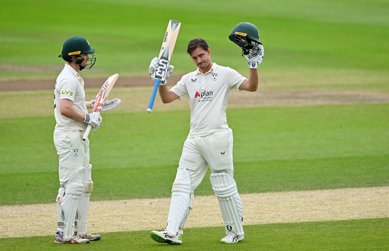 Gareth Roderick celebrates reaching his century, LV= Insurance County Championship, Worcestershire vs Derbyshire, Worcester, June 28, 2023