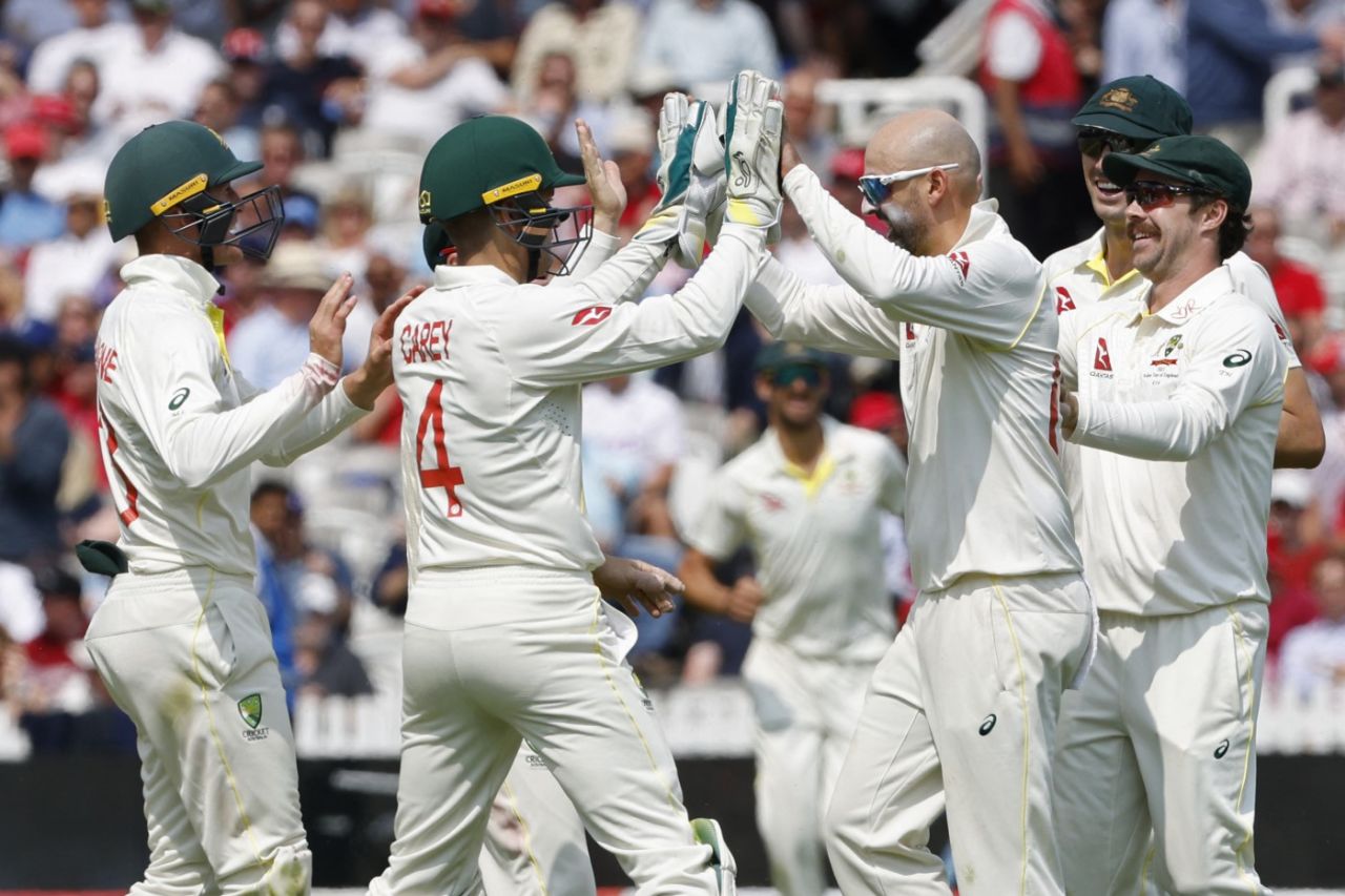 Nathan Lyon celebrates the wicket of Zak Crawley, England vs Australia, 2nd Ashes Test, Lord's, 2nd day, June 29, 2023