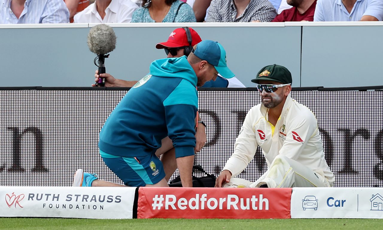 Nathan Lyon sits off the field injured, England vs Australia, 2nd Ashes Test, Lord's, 2nd day, June 29, 2023