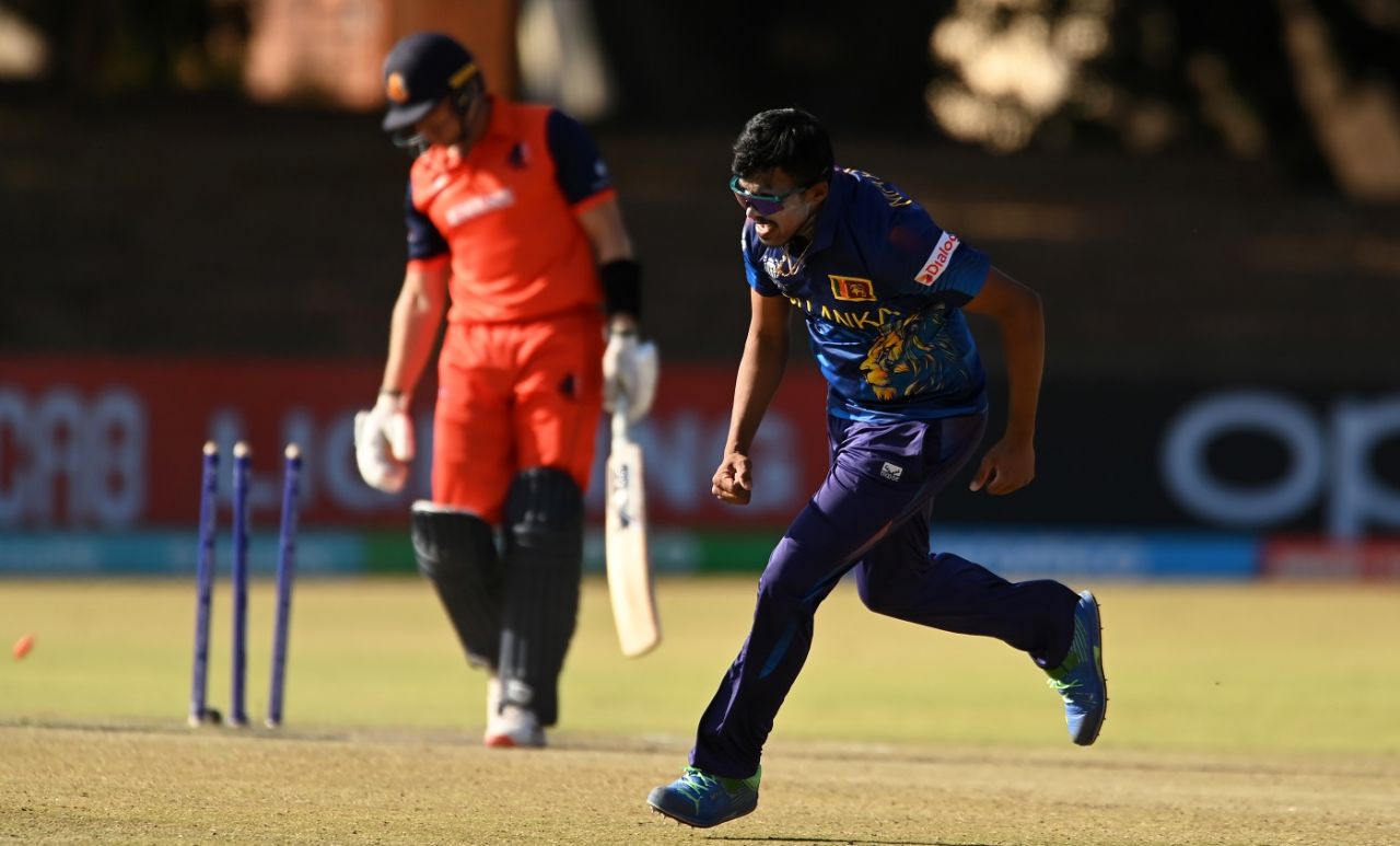 Maheesh Theekshana takes off after dismissing Logan van Beek, Netherlands vs Sri Lanka, Super Six, ODI World Cup Qualifier, Bulawayo, June 30, 2023