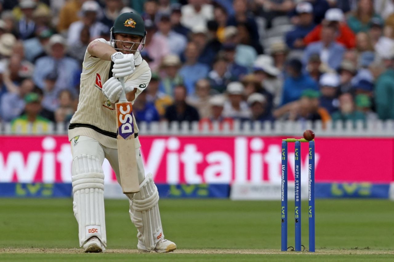 David Warner defends into the offside, England vs Australia, 2nd Ashes Test, Lord's, 3rd day, June 30, 2023
