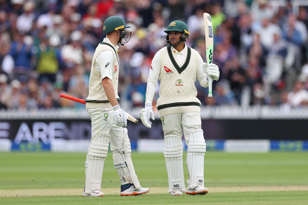 Usman Khawaja raises his bat on reaching fifty, England vs Australia, 2nd Ashes Test, Lord's, 3rd day, June 30, 2023