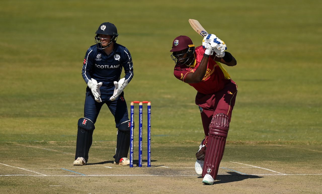 Jason Holder drives towards the covers, Scotland vs West Indies, Super Six, ODI World Cup qualifier, Harare, July 1, 2023