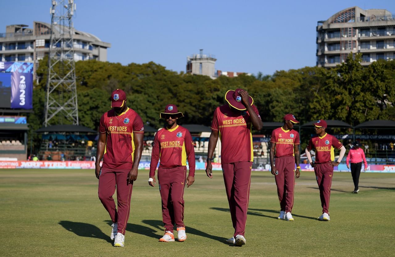 Dejected West Indies players leave the field, Scotland vs West Indies, Super Six, ODI World Cup qualifier, Harare, July 1, 2023
