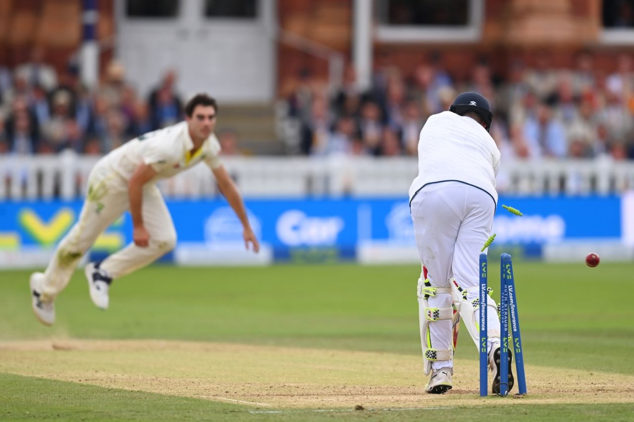 Pat Cummins knocks back Harry Brook's off stump, England vs Australia, 2nd Ashes Test, Lord's, 4th day, July 1, 2023