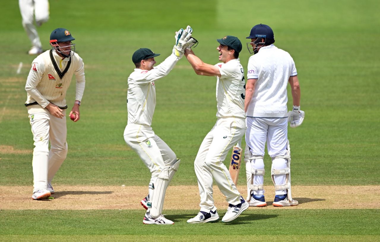 Alex Carey and Pat Cummins celebrate Jonny Bairstow's stumping, England vs Australia, 2nd Ashes Test, Lord's, 5th day, July 2, 2023