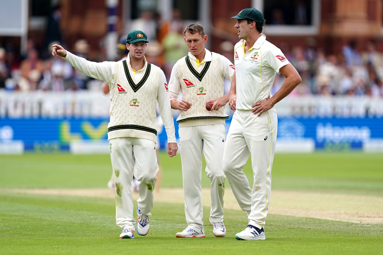 Steven Smith, Marnus Labuschagne and Pat Cummins discuss tactics, England vs Australia, 2nd Ashes Test, Lord's, 5th day, July 2, 2023