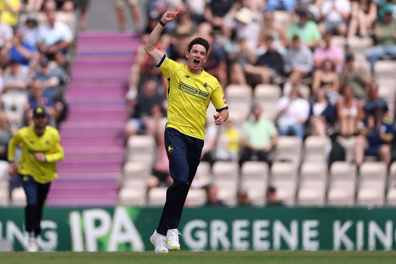 John Turner celebrates a wicket, Vitality Blast, Hampshire vs Gloucestershire, Ageas Bowl, July 02, 2023