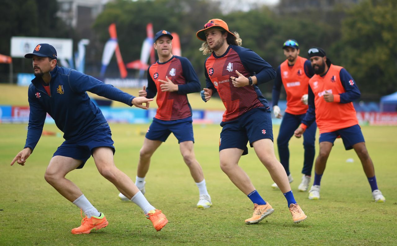 The Netherlands players warm up before the start of the game, Netherlands vs Oman, ODI World Cup qualifier, Super Six, Harare, July 3, 2023