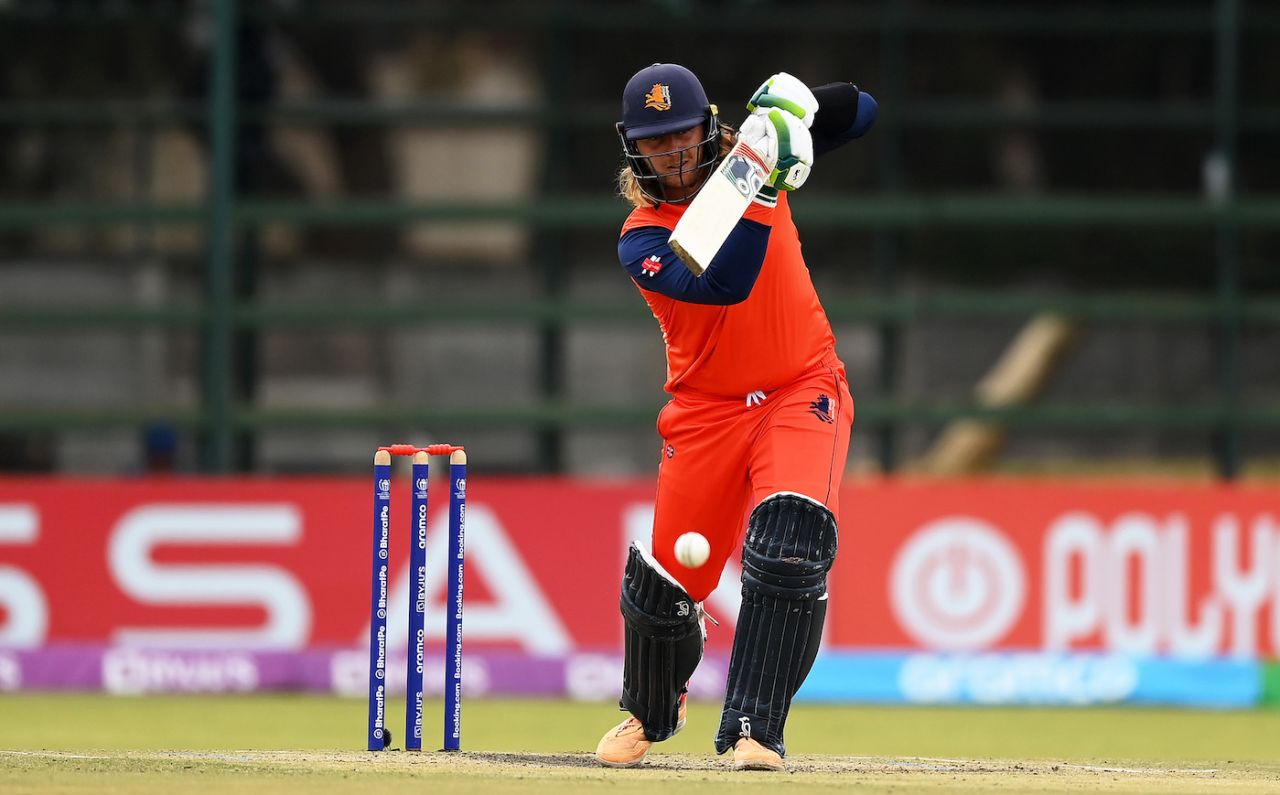 Max O'Dowd drives down the ground, Netherlands vs Oman, ODI World Cup qualifier, Super Six, Harare, July 3, 2023
