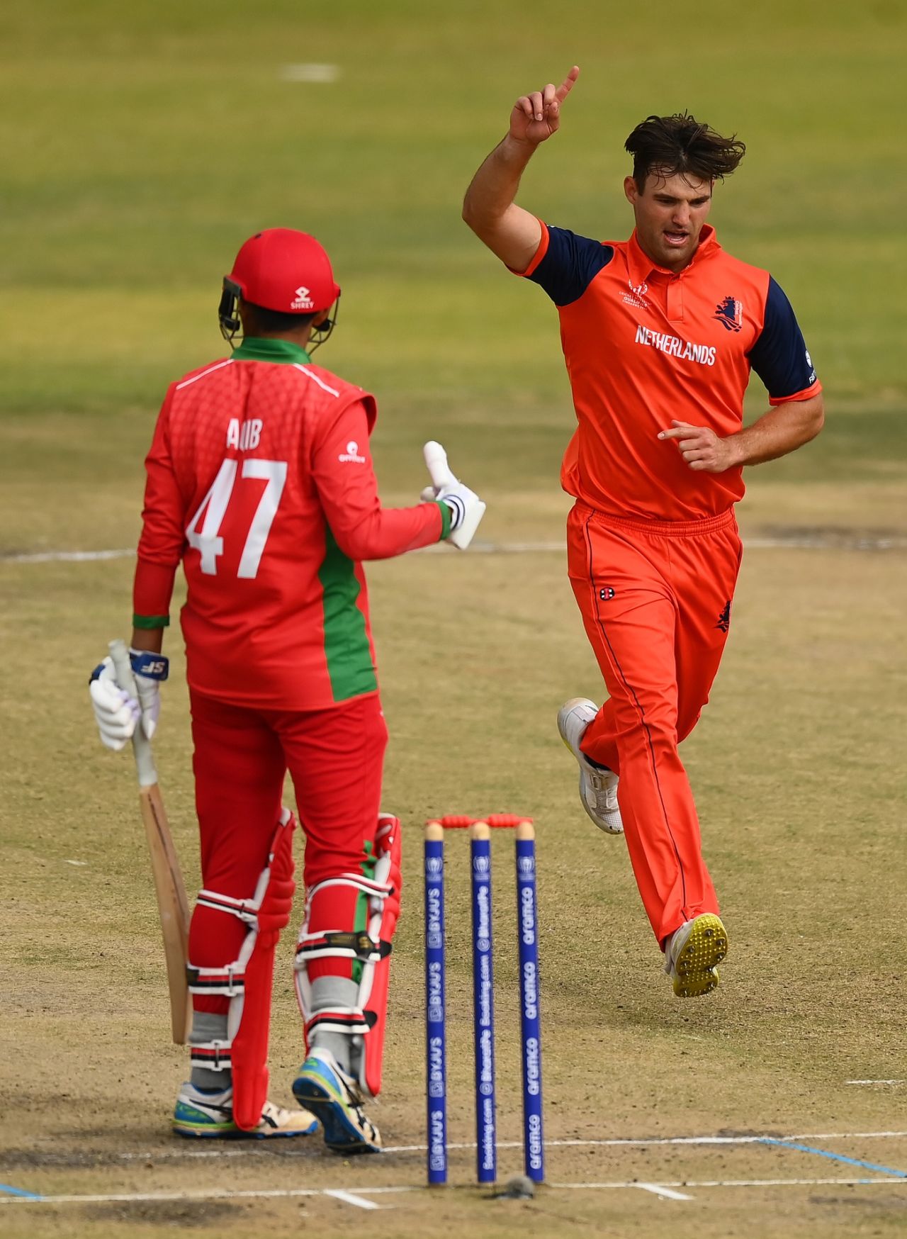 Ryan Klein celebrates another Oman wicket, Netherlands vs Oman, Match 25, Harare, July 03 2023