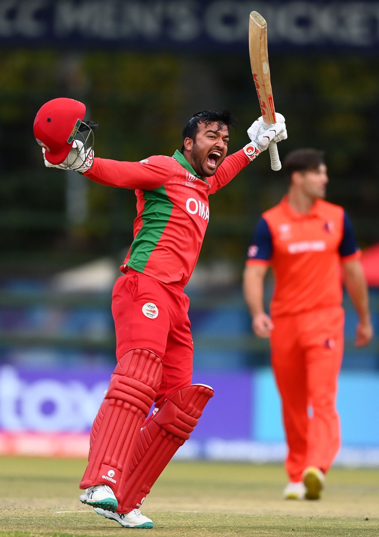 Ayaan Khan celebrates his 100, Netherlands vs Oman, Match 25, Harare, July 03 2023 