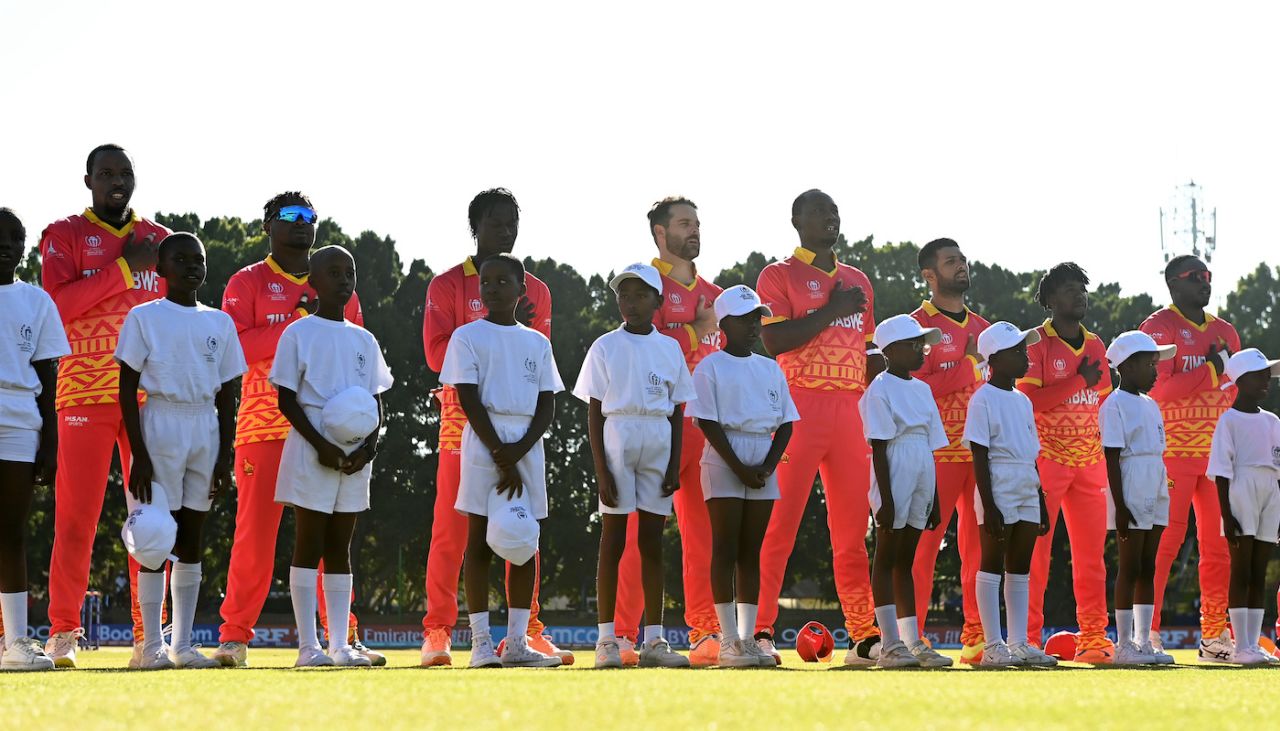 Zimbabwe players sing their national anthem, Zimbabwe vs Scotland, Super Six, World Cup Qualifiers, Bulawayo, July 4, 2023