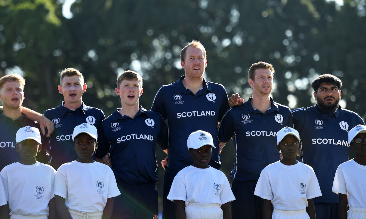 Scotland players sing their national anthem, Zimbabwe vs Scotland, Super Six, World Cup Qualifiers, Bulawayo, July 4, 2023