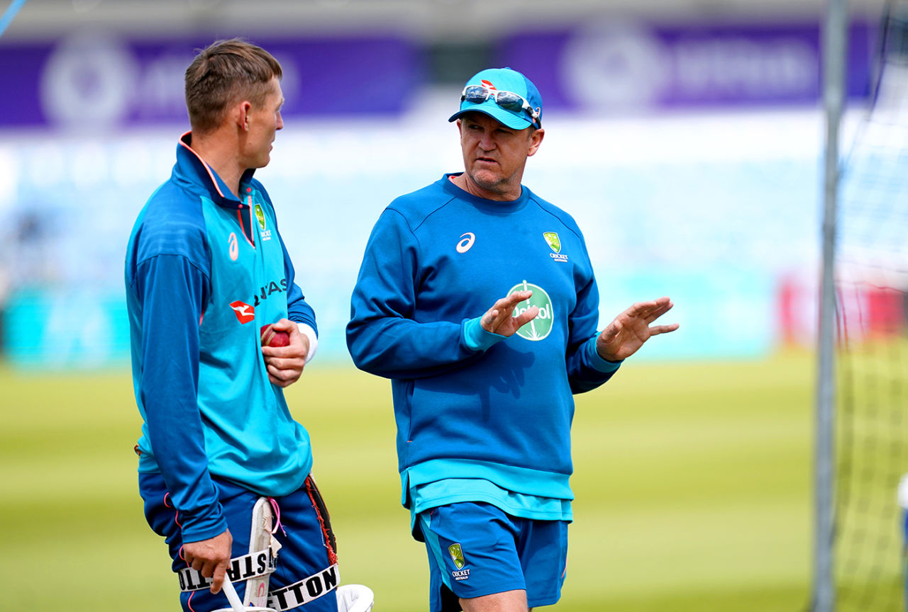 Marnus Labuschagne talks with Andy Flower at Australia nets, Headingley, July 4, 2023