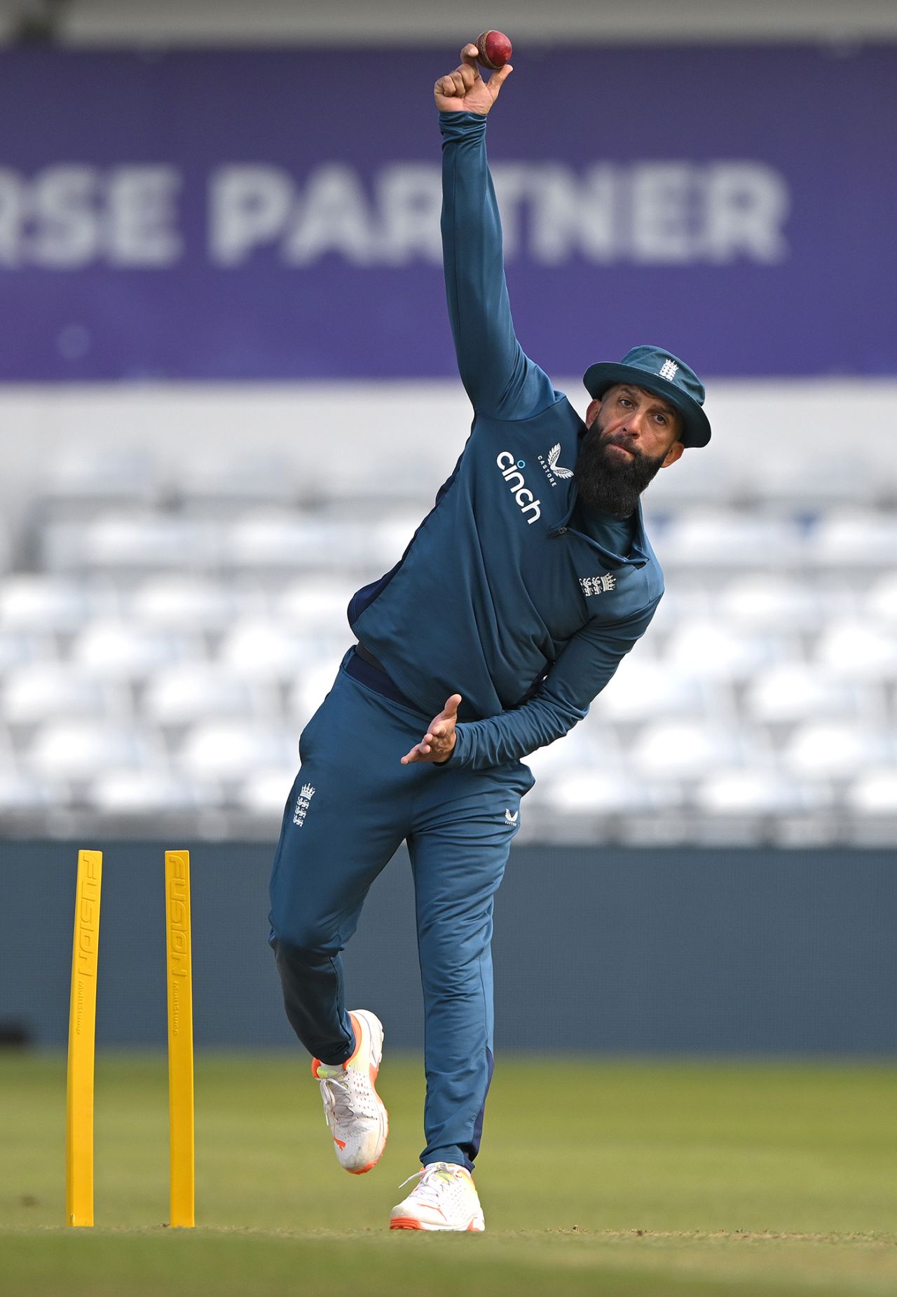 Moeen Ali has a bowl in the middle, Headingley, July 4, 2023