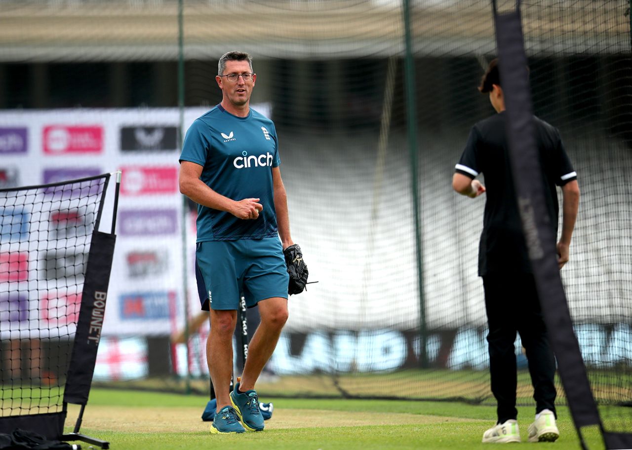 Jon Lewis had his catching mitt on at England nets, The Oval, July 4, 2023