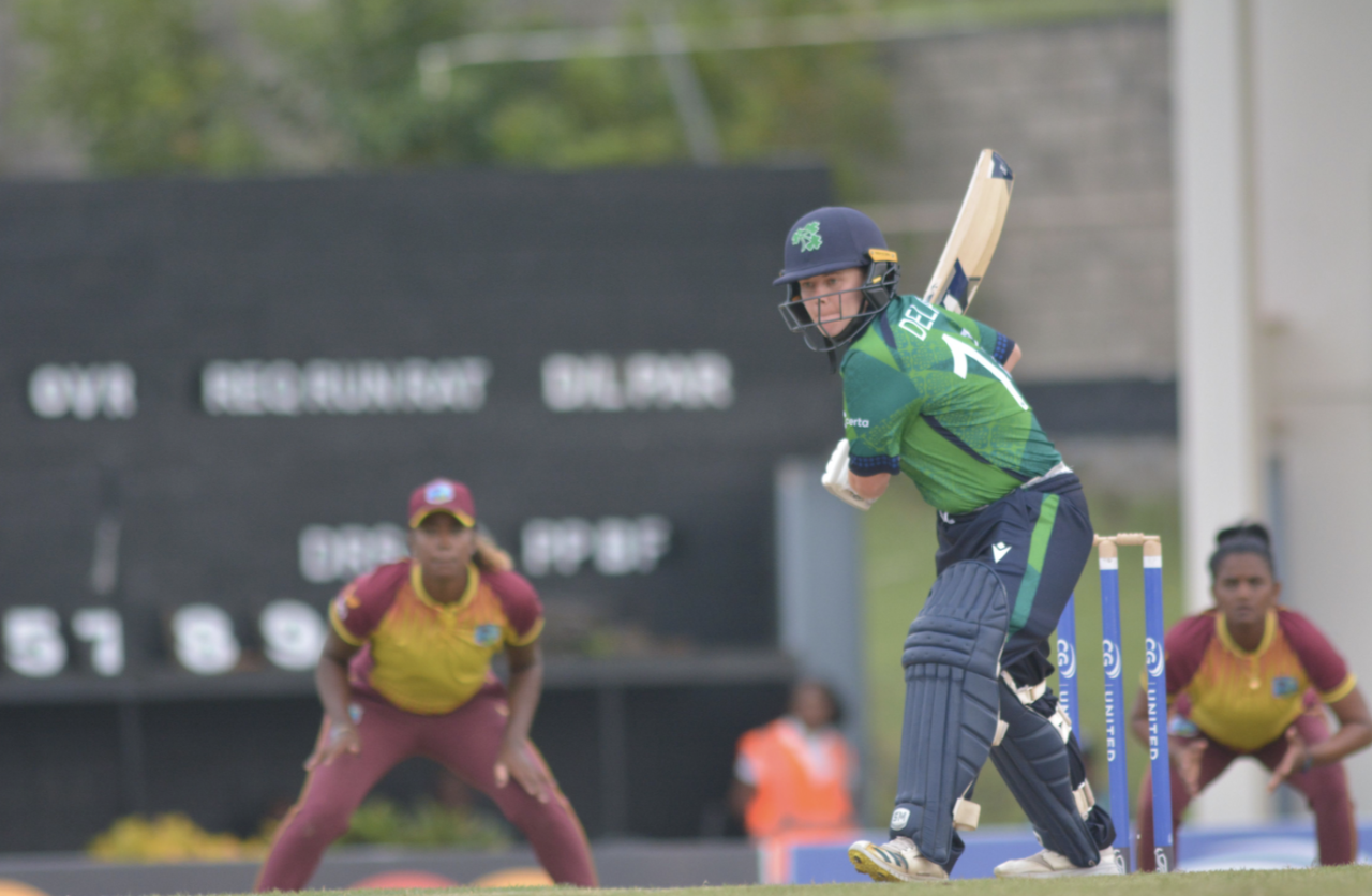 Laura Delany shapes up to drive, West Indies vs Ireland, 1st women's T20I, Gros Islet, July 4, 2023
