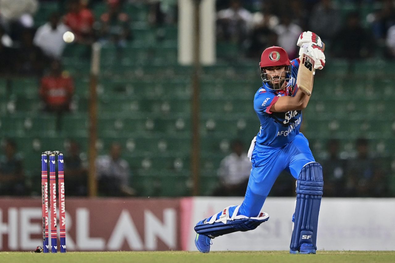 Ibrahim Zadran drives the ball through cover, Bangladesh vs Afghanistan, 1st ODI, Chattogram, July 5, 2023
