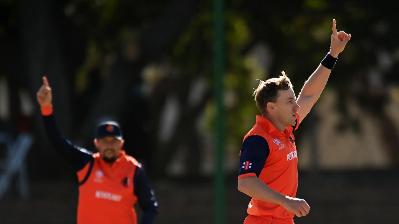 Logan van Beek sets off in celebration after striking early, Netherlands vs Scotland, ODI World Cup qualifier Super Six, Bulawayo, July 6, 2023