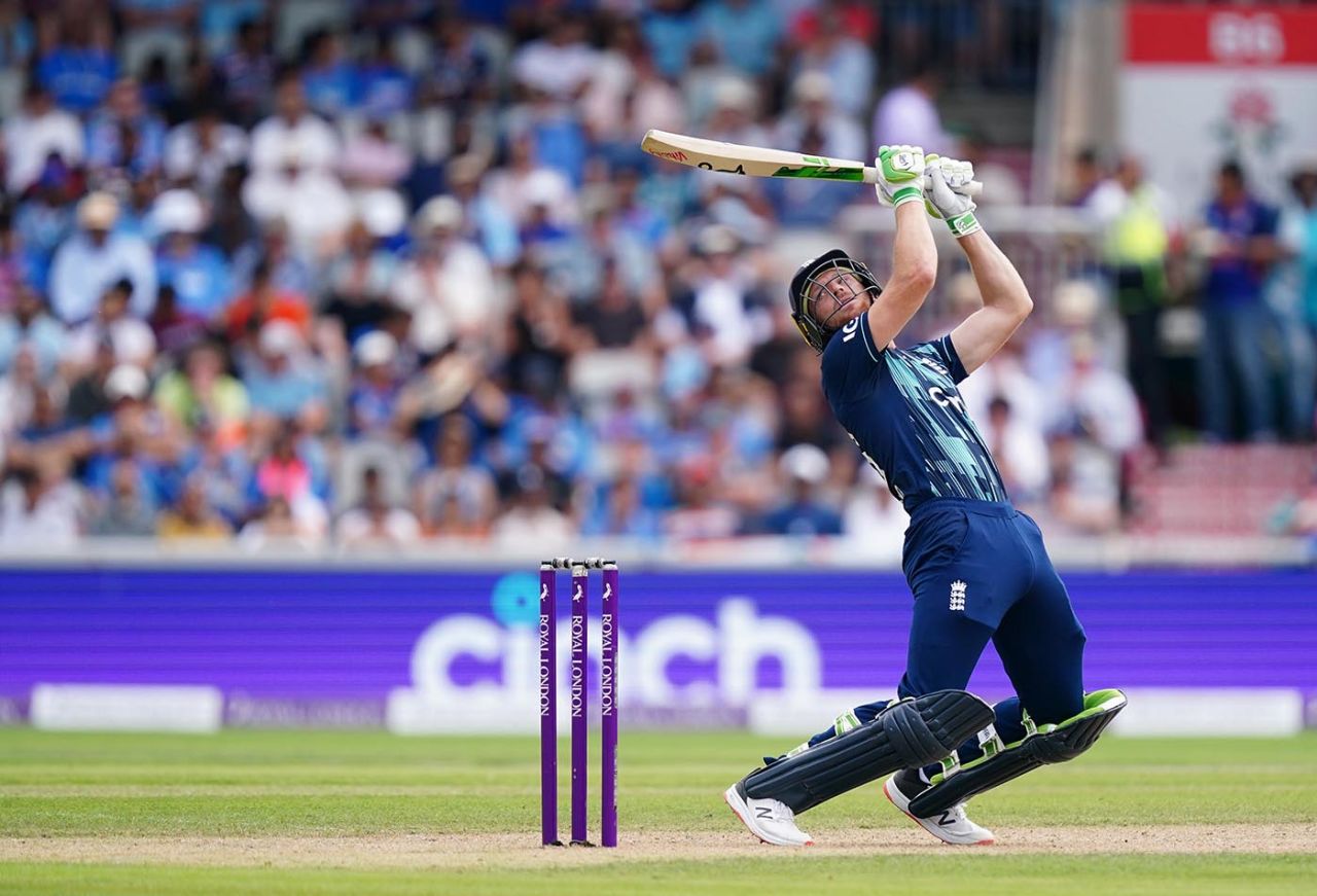 Jos Buttler bends backwards while playing a shot, England vs India, 3rd ODI, Manchester, July 17, 2022