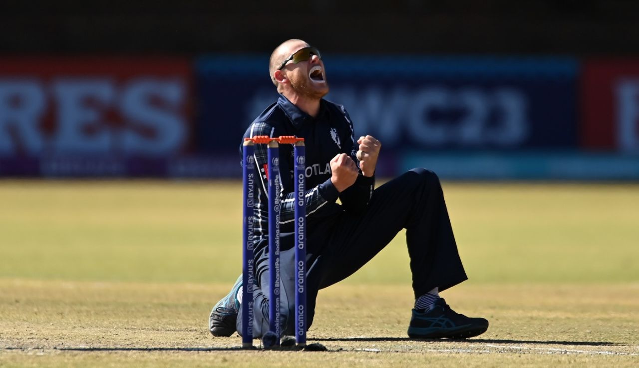 Michael Leask is ecstatic after dismissing Max O'Dowd, Netherlands vs Scotland, ODI World Cup Qualifier, Super Six, Bulawayo, July 6, 2023