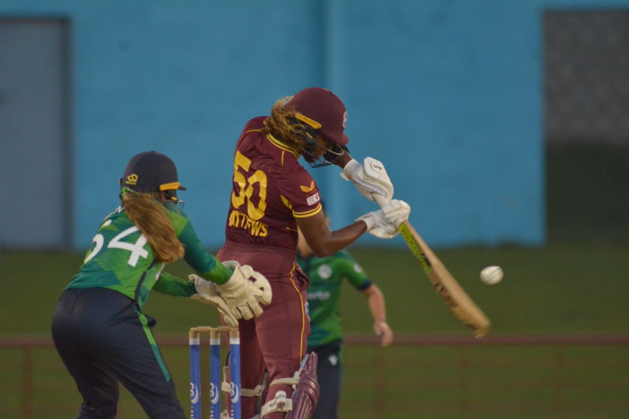 Hayley Matthews powers the ball away during her half-century, West Indies vs Ireland, 2nd women's T20I, Gros Islet, July 6, 2023