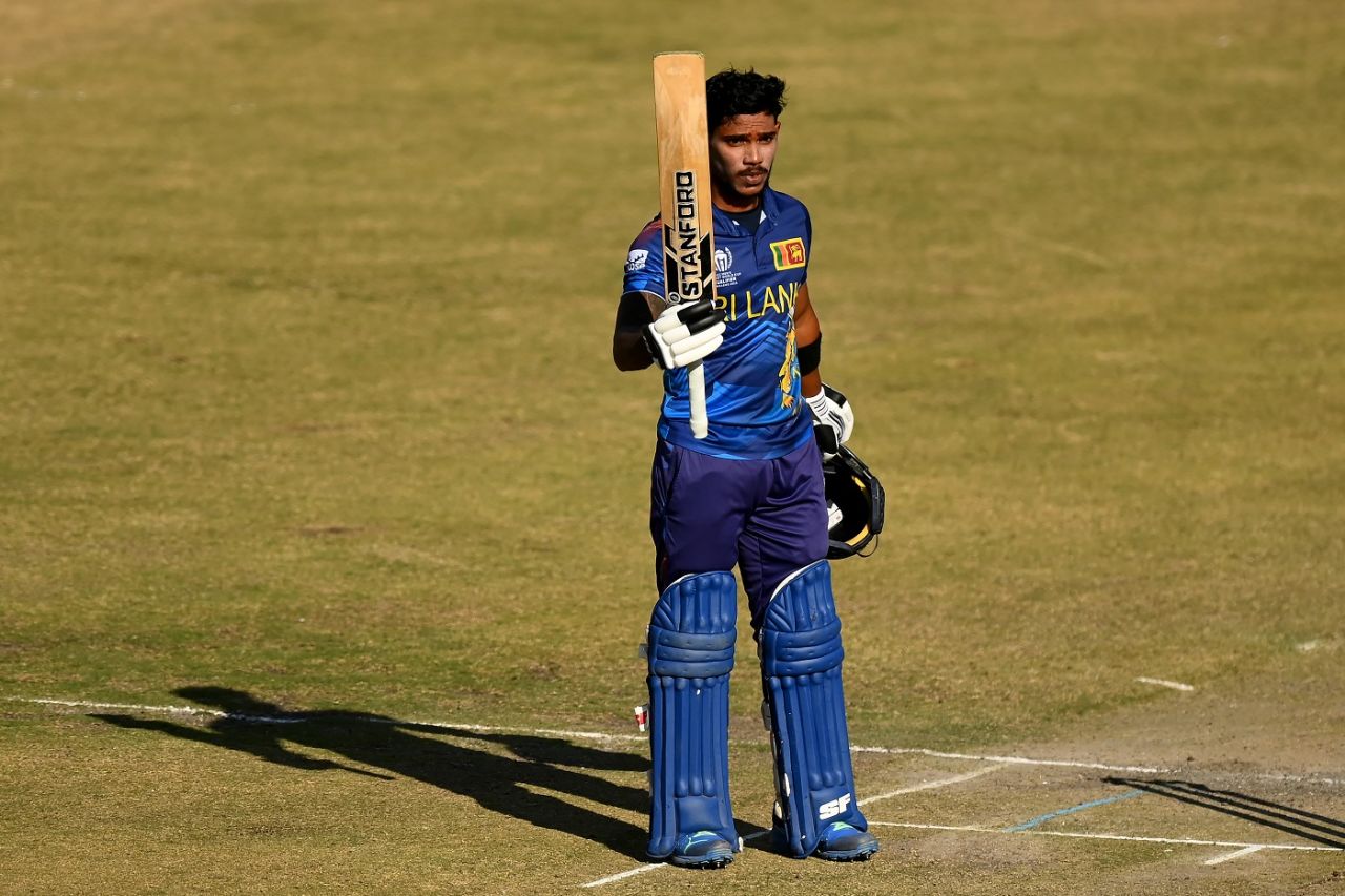 Pathum Nissanka celebrates his hundred, Sri Lanka vs West Indies, ODI World Cup Qualifier, Super Six, Harare, July 7, 2023