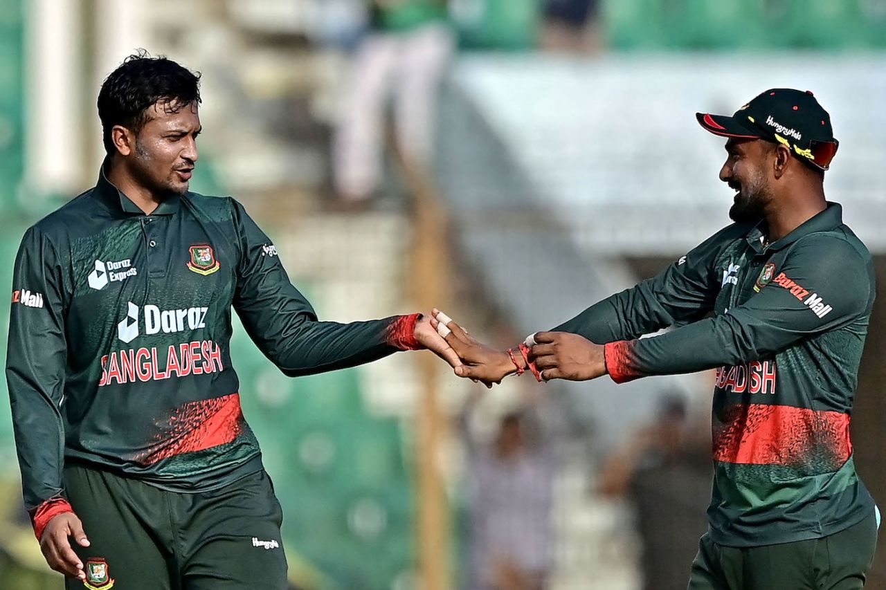Shakib Al Hasan and Litton Das celebrate the opening breakthrough, made in the 37th over, Bangladesh vs Afghanistan, 2nd ODI, Chattogram, July 8, 2023