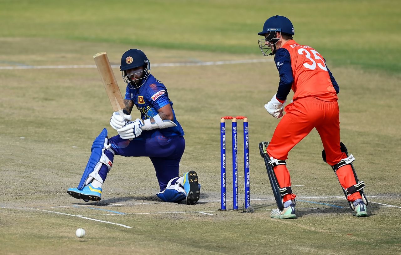 Kusal Mendis plays the ball behind the wicket, Netherlands vs Sri Lanka, ODI World Cup Qualifier, Super Six, Harare, July 9, 2023