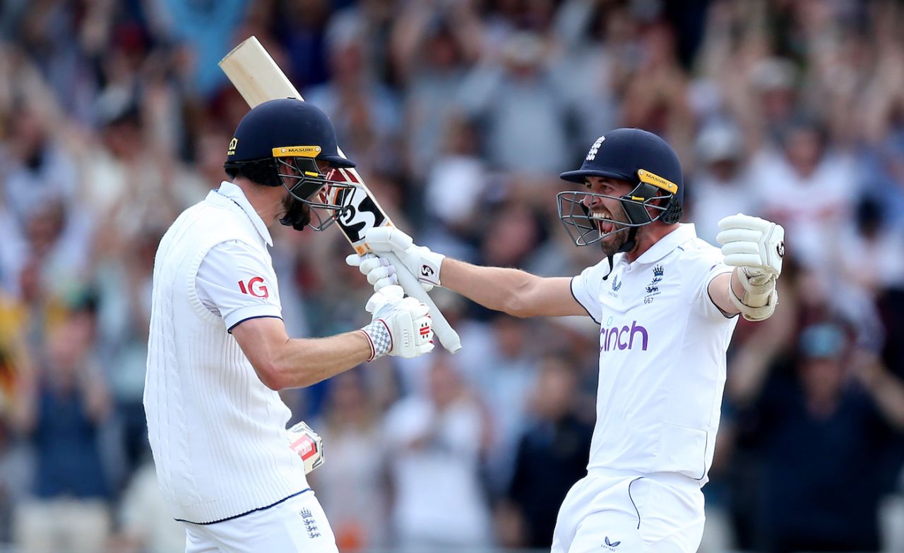 Chris Woakes and Mark Wood celebrate after the winning runs, England vs Australia, 3rd Test, 4th day, Headingley, July 9, 2023