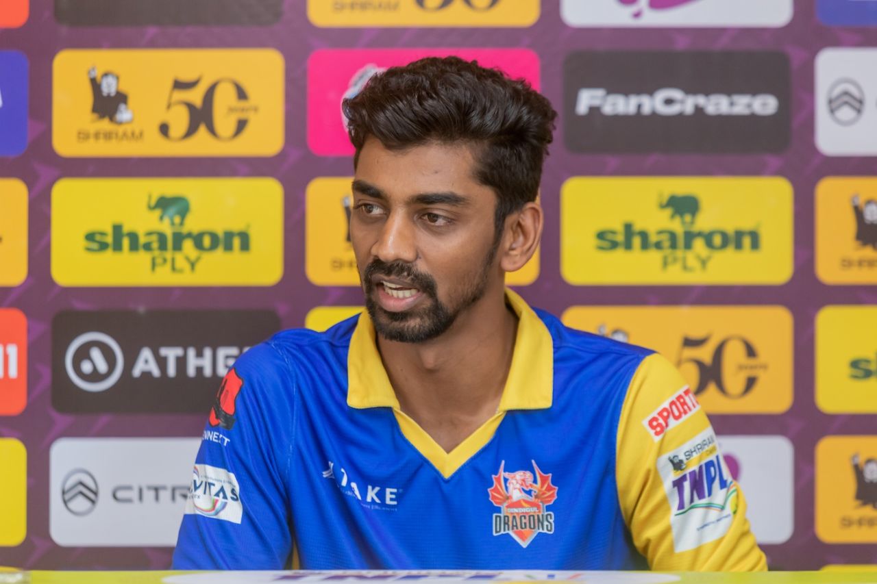 Dindigul Dragons captain B Indrajith speaks to the media, Dindigul Dragons vs Nellai Royal Kings, Qualifier 2, TNPL 2023, Tirunelveli, July 10, 2023