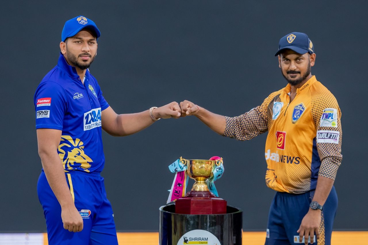 Lyca Kovai Kings captain M Shahrukh Khan and Nellai Royal Kings captain KB Arun Karthik pose with the TNPL trophy, TNPL 2023, Tirunelveli, July 11, 2023