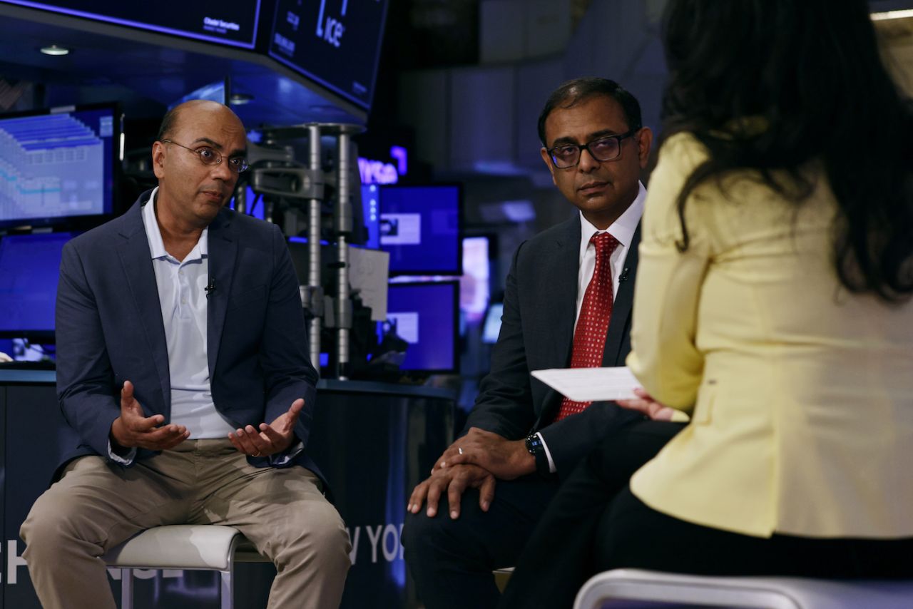Sameer Mehta (L) and Vijay Srinivasan explain the Major League Cricket plan, New York, July 8, 2023