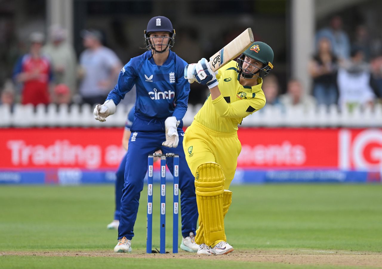 Phoebe Litchfield whips over the leg side, England vs Australia, Women's Ashes, 1st ODI, Bristol, July 12, 2023