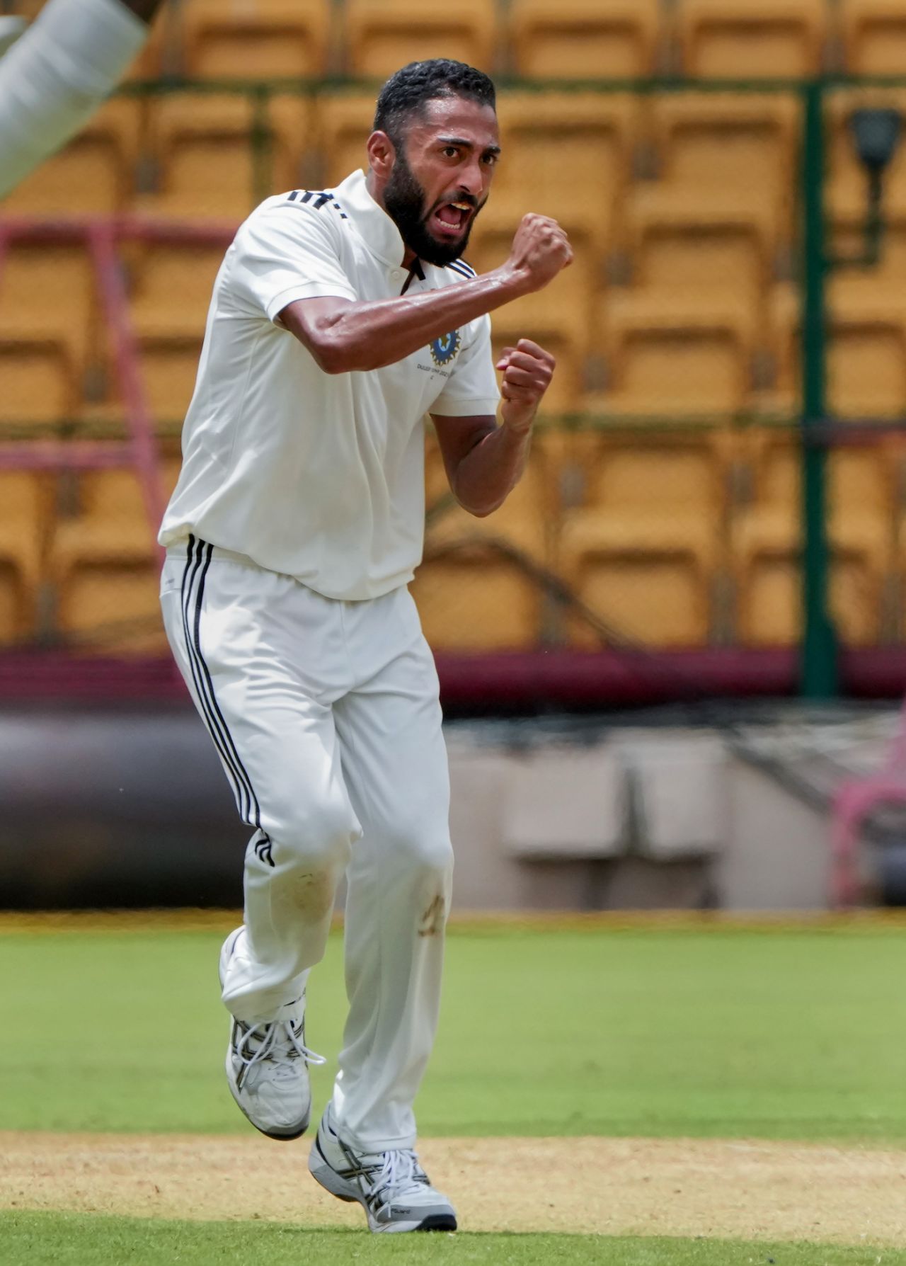 Arzan Nagwaswalla celebrates a wicket, South Zone vs West Zone, Duleep Trophy final, 1st day, Bengaluru, July 12, 2023