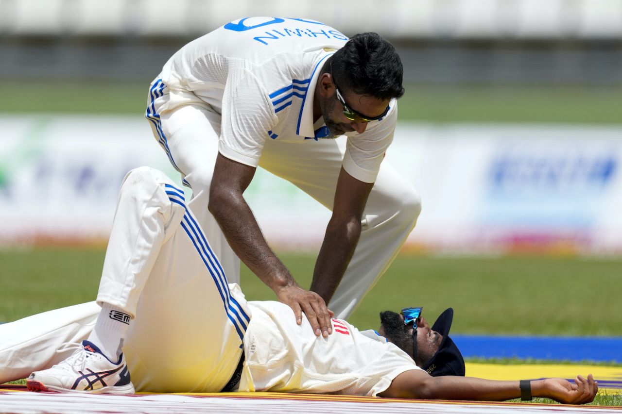 R Ashwin checks up on Mohammed Siraj, who took an athletic catch, West Indies vs India, 1st Test, Roseau, 1st day, July 12, 2023