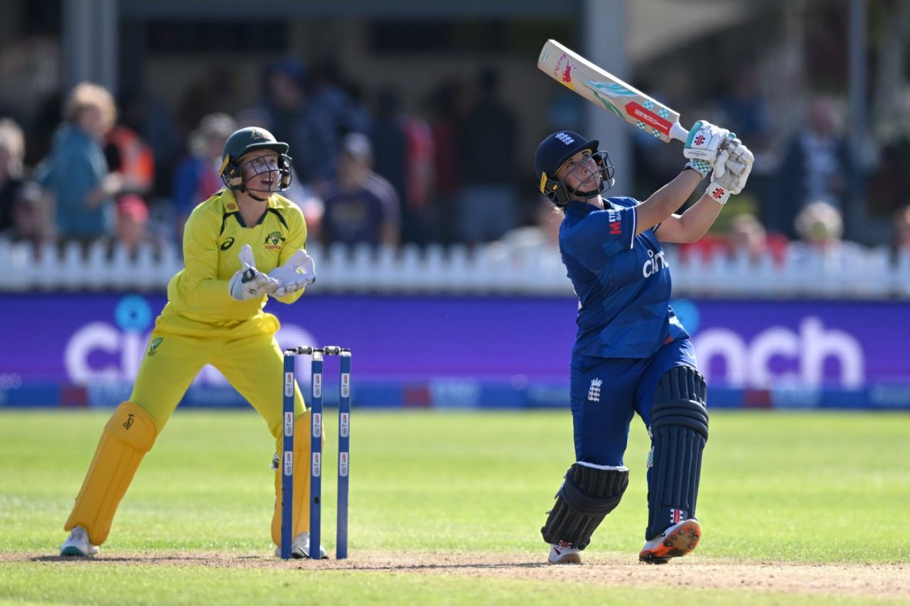 Alice Capsey launches a six down the ground, England vs Australia, Women's Ashes, 1st ODI, Bristol, July 12, 2023