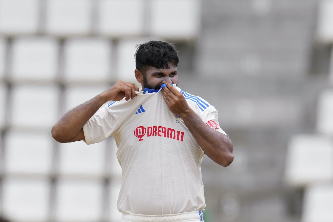 Shardul Thakur tries to button down his expressions, West Indies vs India, 1st Test, Roseau, 1st day, July 12, 2023