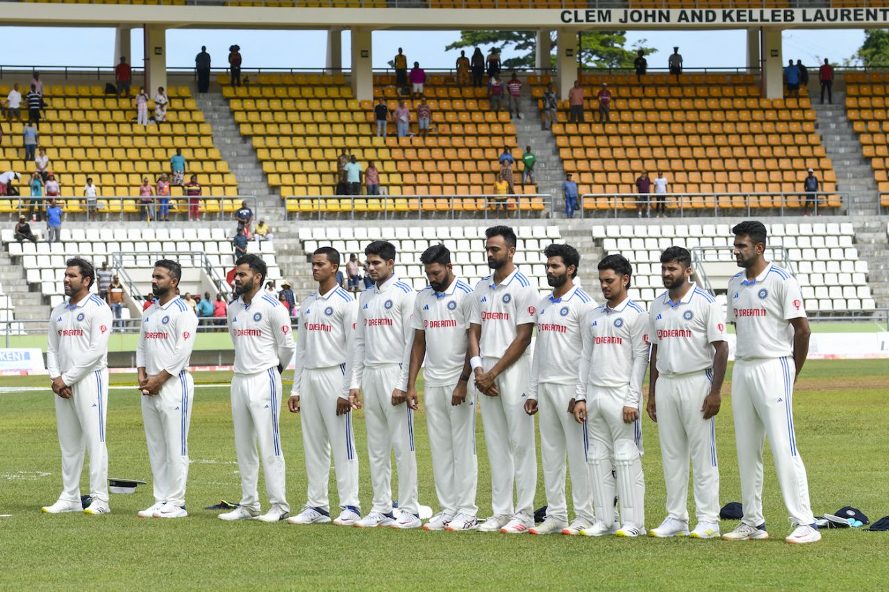 India's players line up for the national anthem in their new kit, West Indies vs India, 1st Test, Roseau, 1st day, July 12, 2023